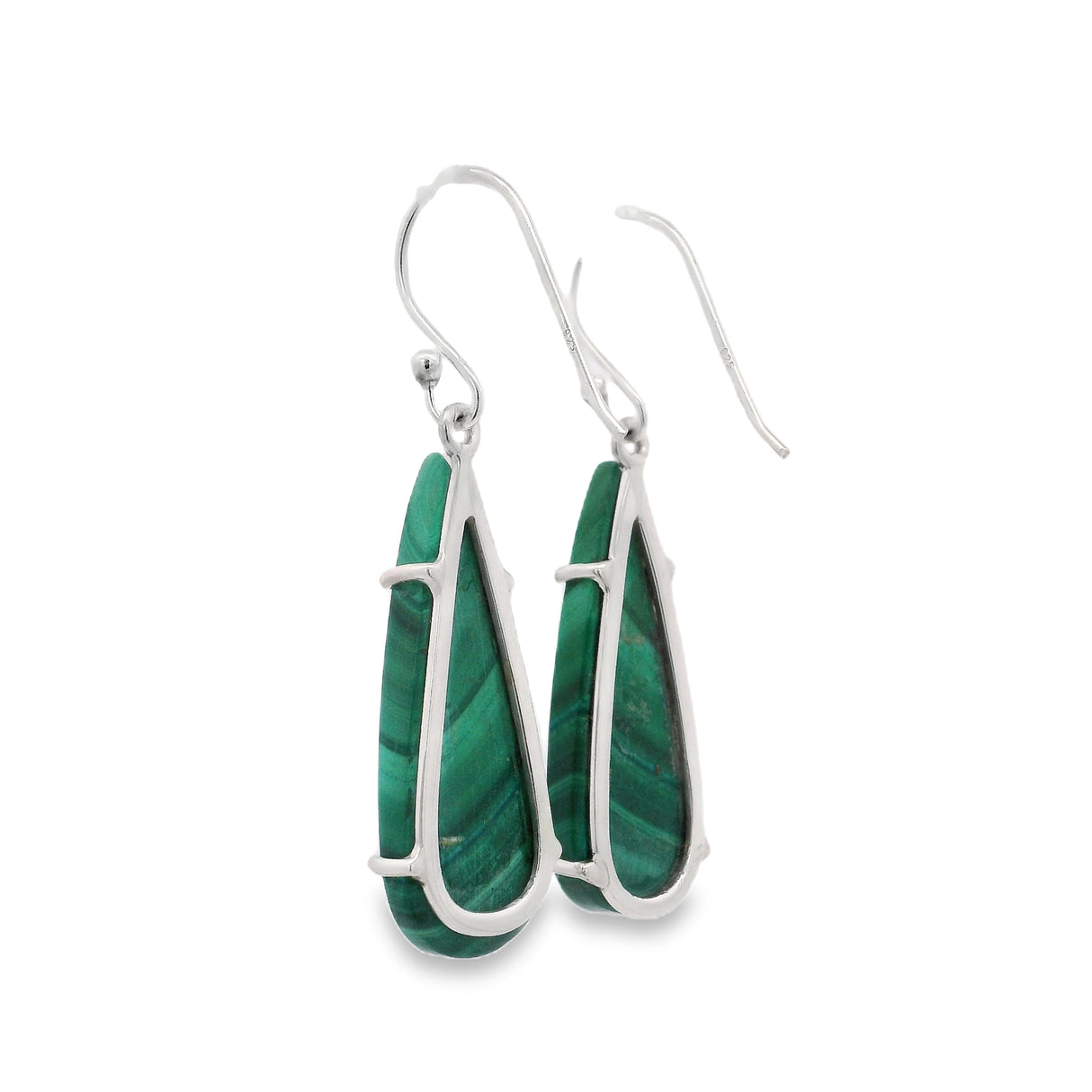 Malachite Teardrop Flat Dangle Earrings Prong Set