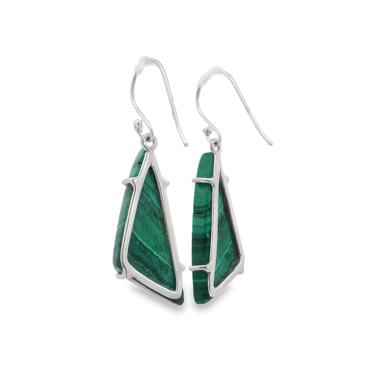 Malachite Triangular Flat Dangle Earrings Prong Set with Chrysocolla