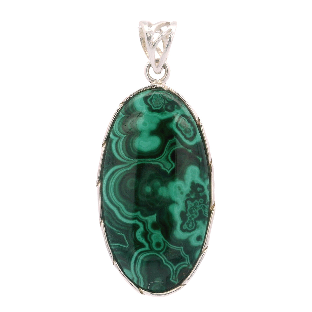 Malachite Oval Pendant in Ornate Bezel Setting with Fancy Bail in 925 Sterling Silver