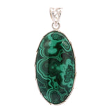 Malachite Oval Pendant in Ornate Bezel Setting with Fancy Bail in 925 Sterling Silver