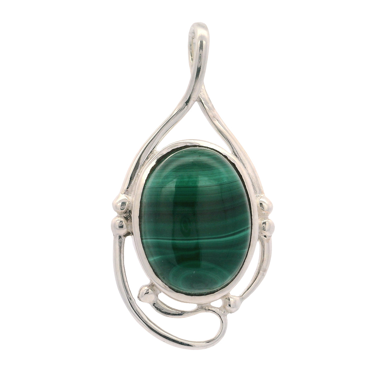 Malachite Oval Pendant Bezel Set in Swirl with Ball Detail and Included Bail of 925 Sterling Silver