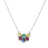 Multi Corundum Kachina Floral Design Necklace on Box Chain  with Stops at 15" thru 19" - Sapphire, Emerald, Ruby