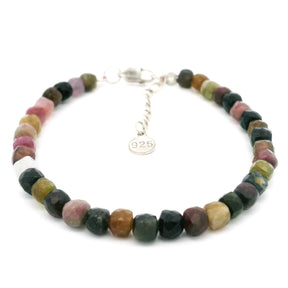 Faceted multicolor tourmaline cube bead bracelet in pink, green and black, sterling silver lobster clasp with 925 tag