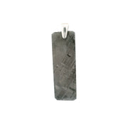 Muonionalusta meteorite pendant, elongated etched bar with Widmanstatten crosshatch and silver pinch bail
