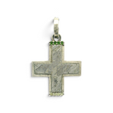 Muonionalusta meteorite cross pendant with etched Widmanstatten pattern and green pave at top and bottom