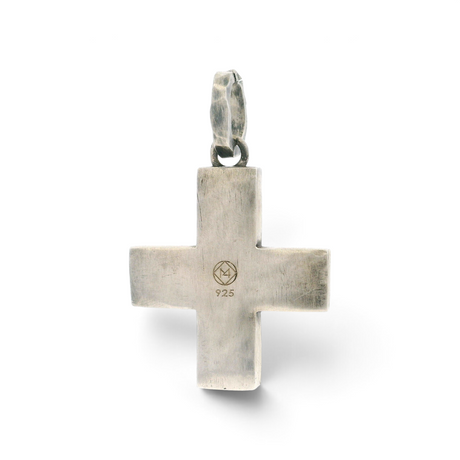 Back of Muonionalusta meteorite cross pendant stamped 925 sterling silver