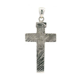 Muonionalusta meteorite cross pendant showing etched Widmanstatten pattern with 925 sterling silver lantern-top bail