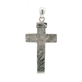 Muonionalusta meteorite cross pendant showing etched Widmanstatten pattern with 925 sterling silver lantern-top bail