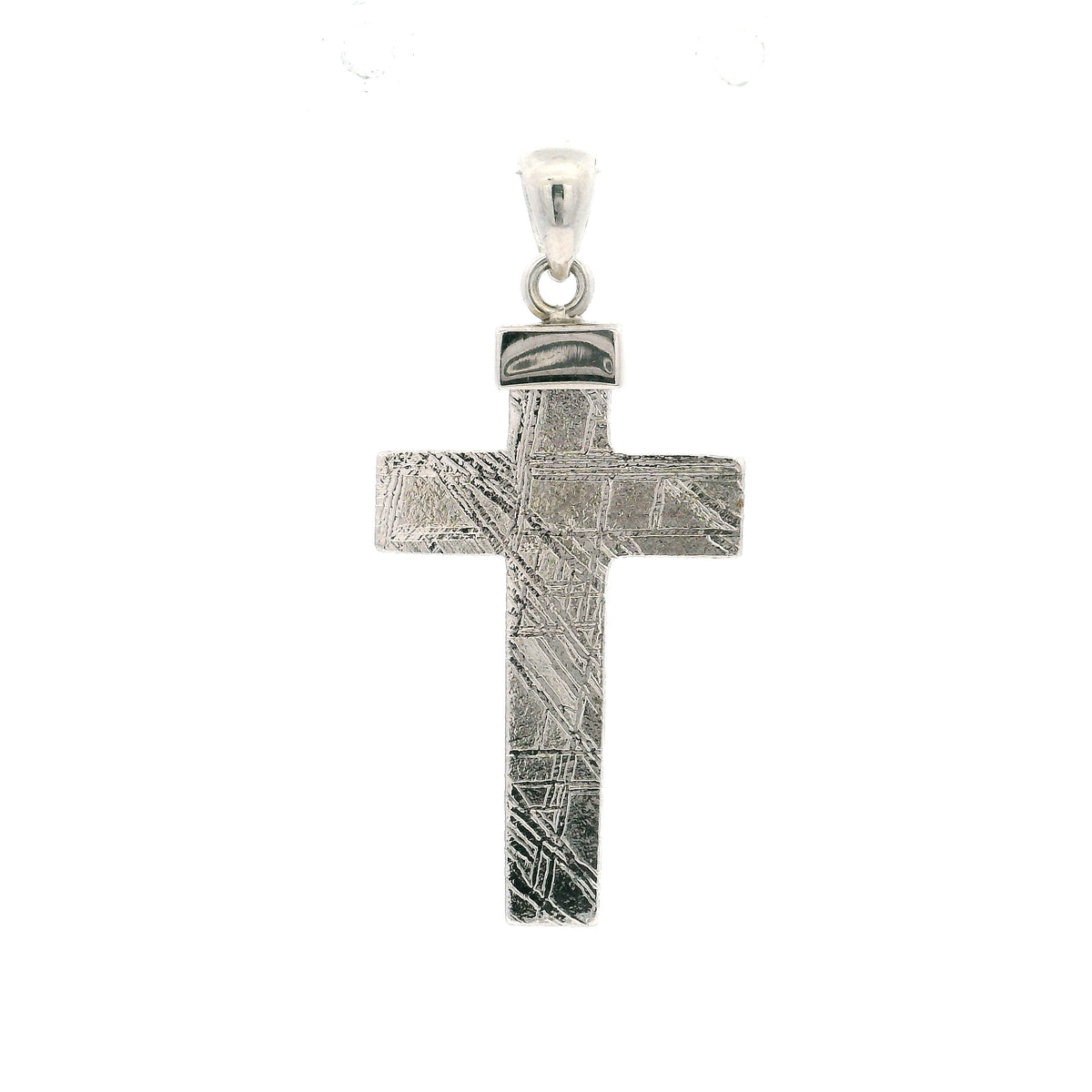 Muonionalusta meteorite cross pendant, second view highlighting the crosshatched Widmanstatten texture