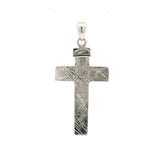 Muonionalusta meteorite cross pendant, second view highlighting the crosshatched Widmanstatten texture