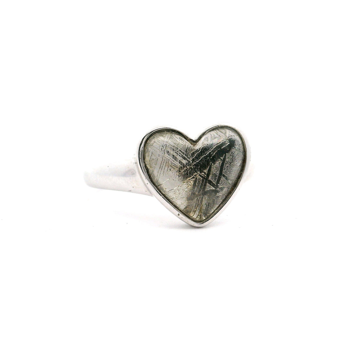 Munionalusta Meteorite Heart Ring with Rhodium Vermiel and Sapphire Crystal Cabochon