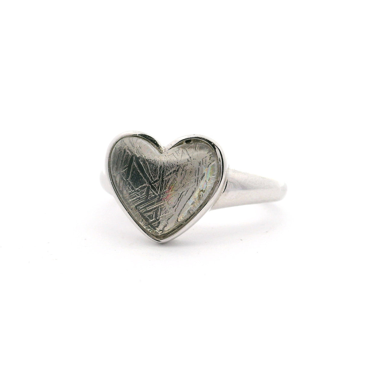 Munionalusta Meteorite Heart Ring with Rhodium Vermiel and Sapphire Crystal Cabochon