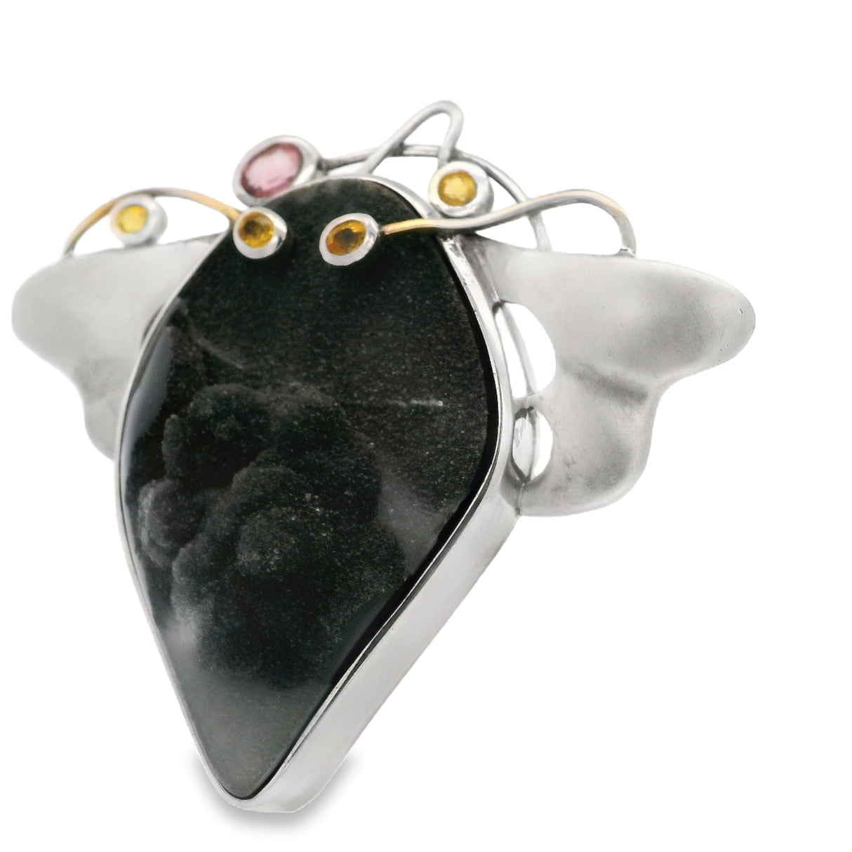 Black Quartz Druze Pendant With Yellow Sapphires Set In 18k Gold Wire & Pink Tourmaline Oval