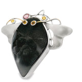 Black Quartz Druze Pendant With Yellow Sapphires Set In 18k Gold Wire & Pink Tourmaline Oval