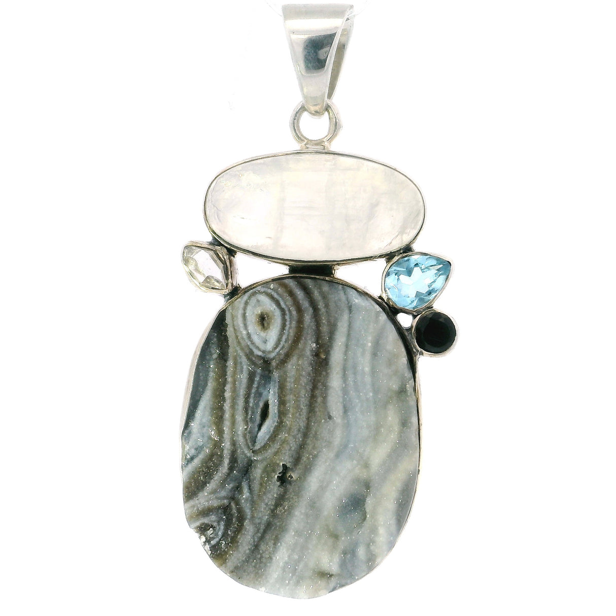 Natural Desert Druze Pendant - Oval Grey Druze with Rainbow Moonstone Oval Cabochon & Faceted Blue Topaz Pear with Herkimer Diamond & Black Onyx Round - 925 Sterling Silver