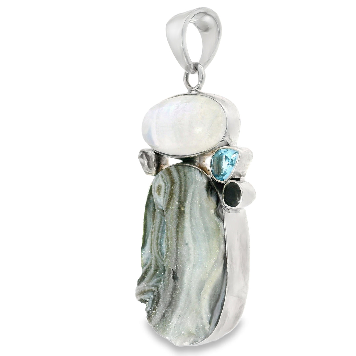 Natural Desert Druze Pendant - Oval Grey Druze with Rainbow Moonstone Oval Cabochon & Faceted Blue Topaz Pear with Herkimer Diamond & Black Onyx Round - 925 Sterling Silver