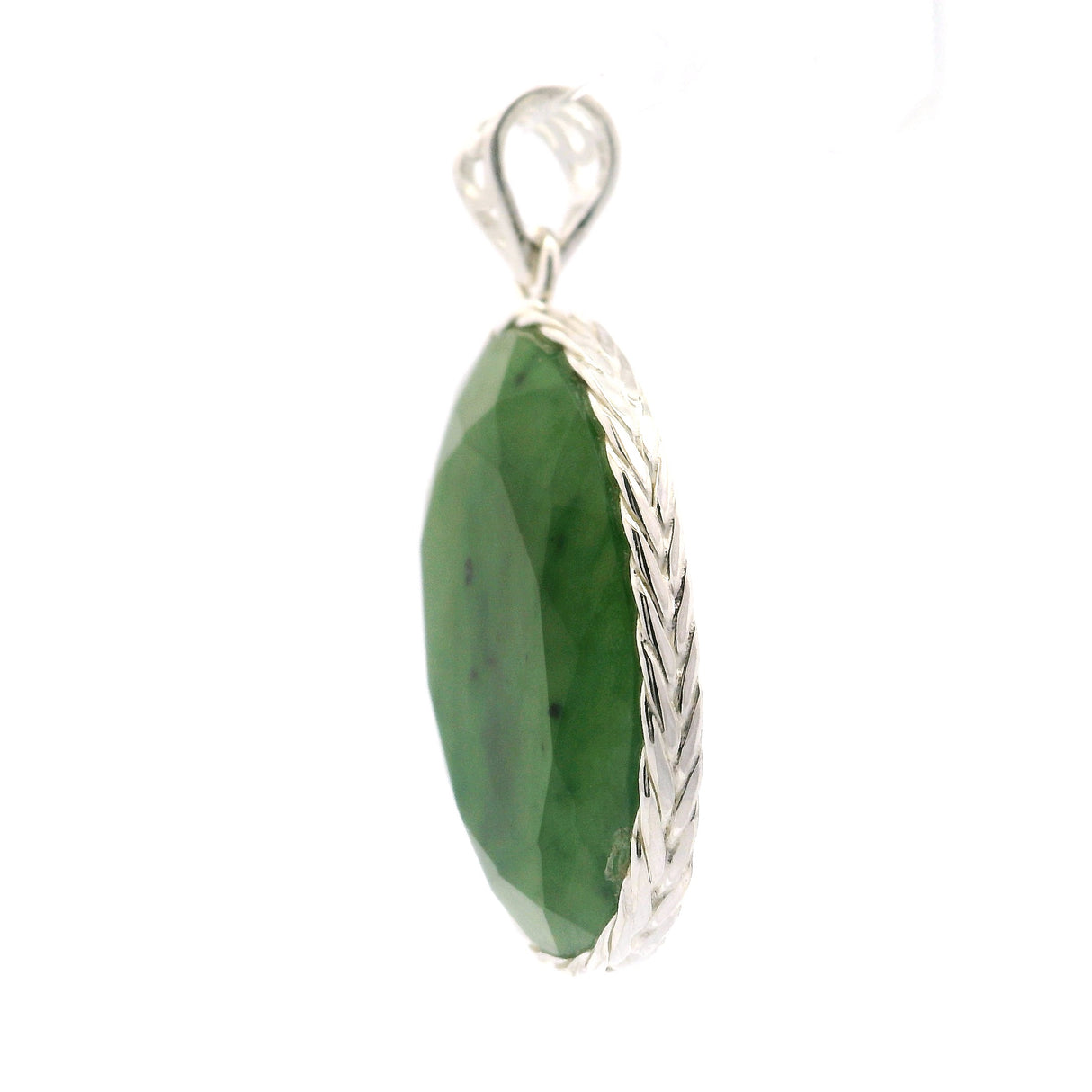 Faceted Nephrite Jade Oval Pendant in Ornate Bezel Setting with Fancy Bail in 925 Sterling Silver