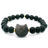 Cat Face Carved Bead & 8mm Rounds Beaded Bracelet with Gold Spacers