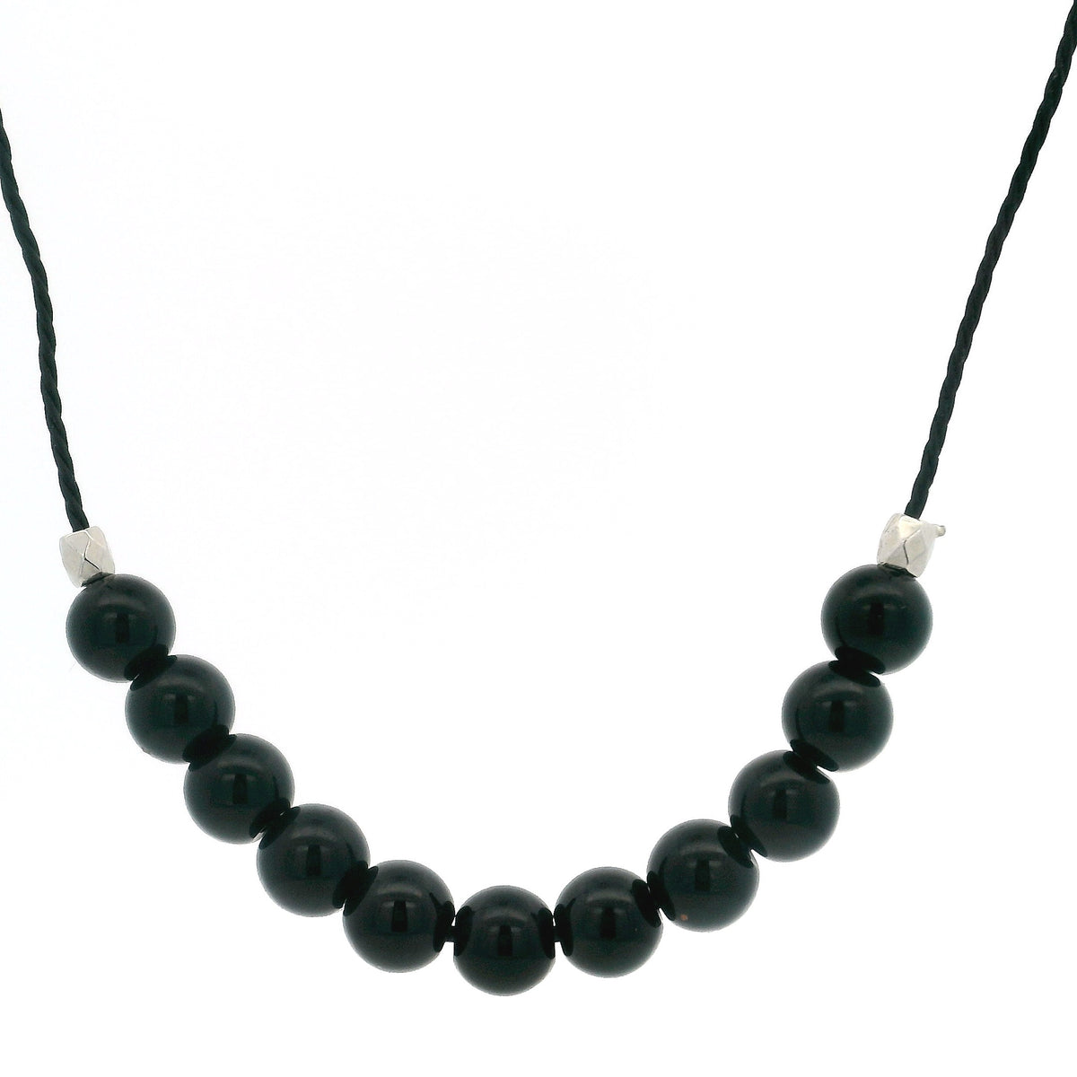Obsidian 6mm round black bead necklace on black cord choker with silver accent beads