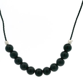 Obsidian 6mm round black bead necklace on black cord choker with silver accent beads