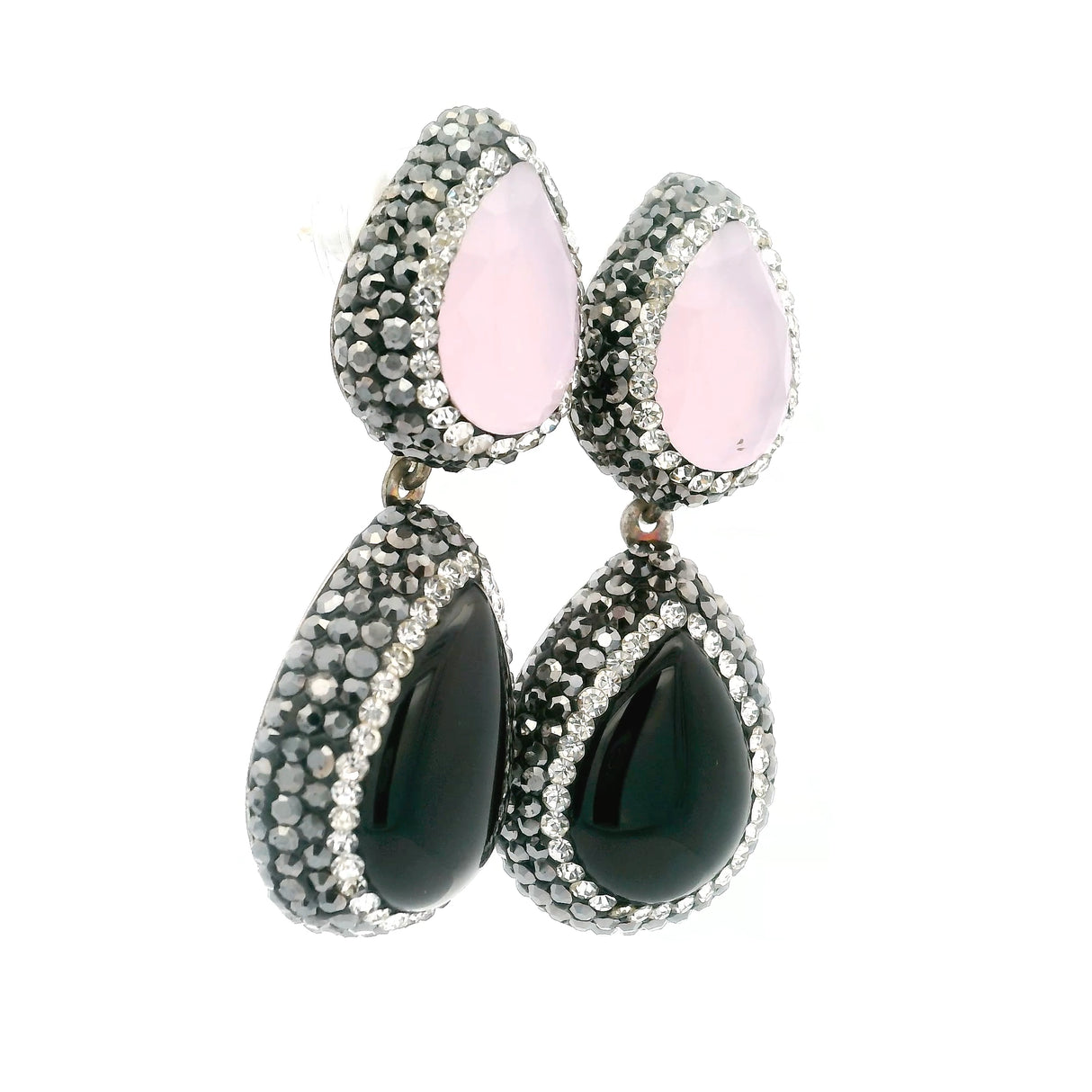 Rose Chalcedony & Black Onyx Earrings With Marcasite & Crystals