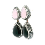 Rose Chalcedony & Black Onyx Earrings With Marcasite & Crystals