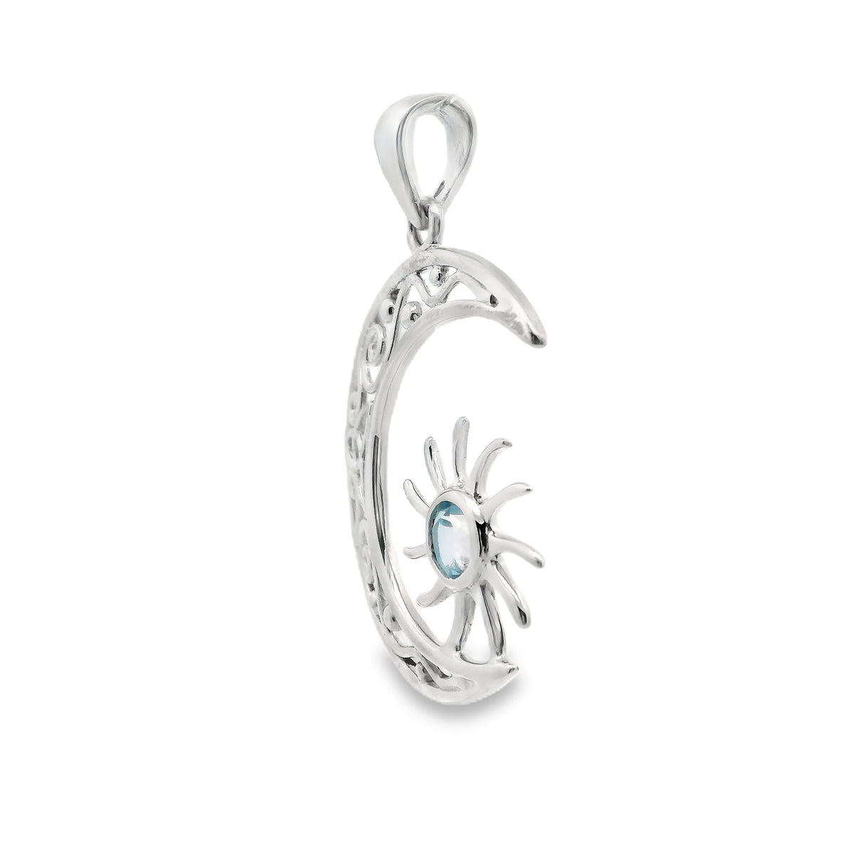 Faceted Blue Topaz Moon & Sun Pendant with Scrollwork in 925 Sterling Silver