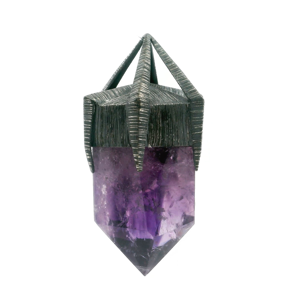 Amethyst Point on Oxidized 925 Sterling Silver Hexagon Lantern Bezel Set with Open Bail - Everest