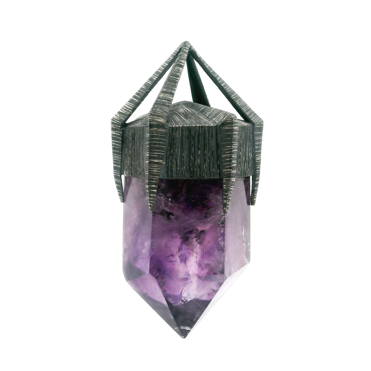 Amethyst Point on Oxidized 925 Sterling Silver Hexagon Lantern Bezel Set with Open Bail - Everest