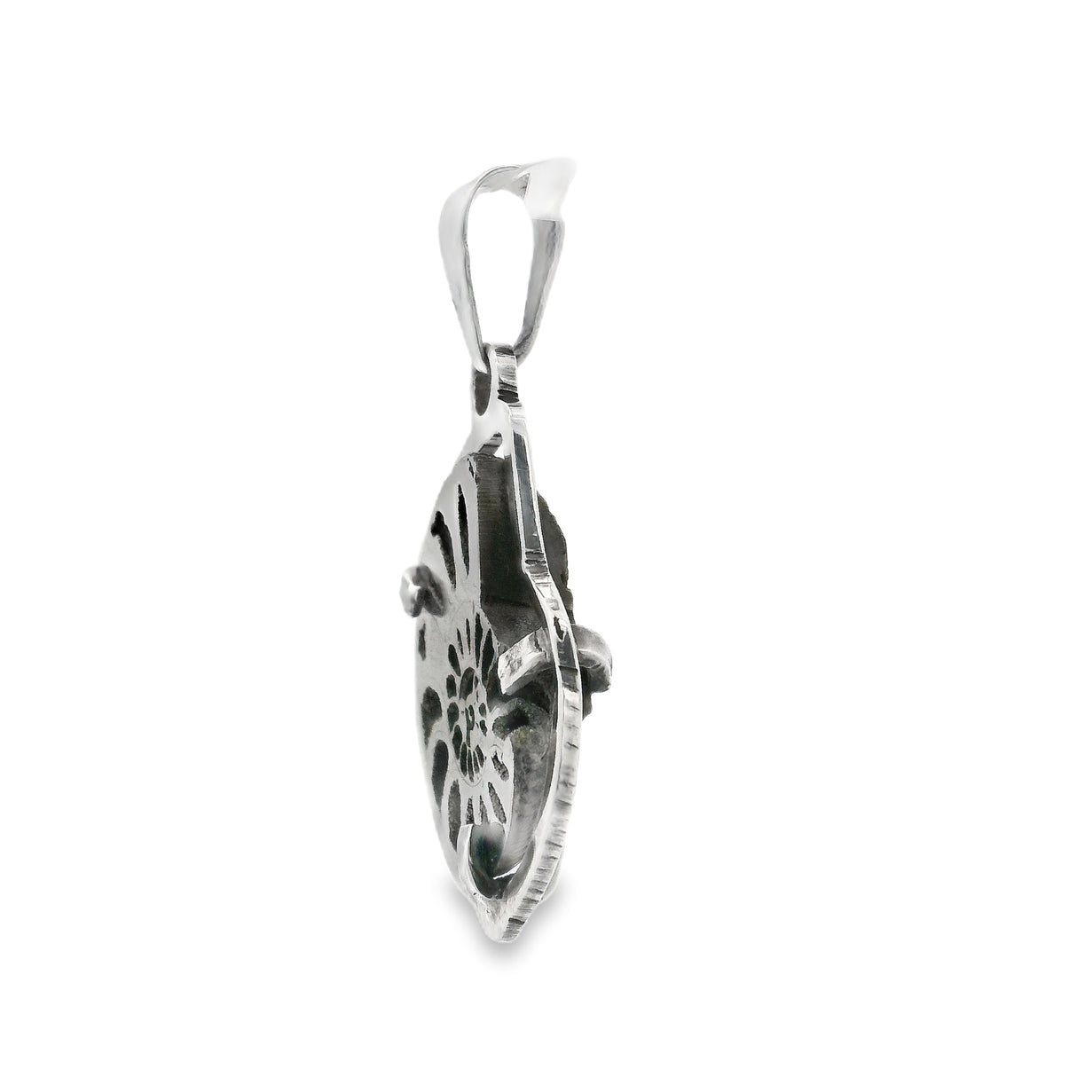 Pyritized Ammonite Fossil Pendant - Prong Set Ammonite Half With Silver Bezel & Druze Vugs