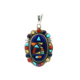 Popcorn Inlay Pendant - Oval With Inlaid Silver Bezel & Geometric Inlay - Lapis Lazuli & Multicolor