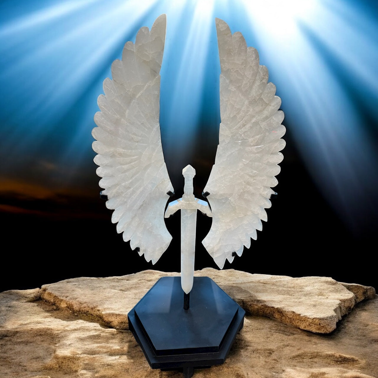 Quartz Warrior Sword & Angel Wings Carving in Fitted Stand