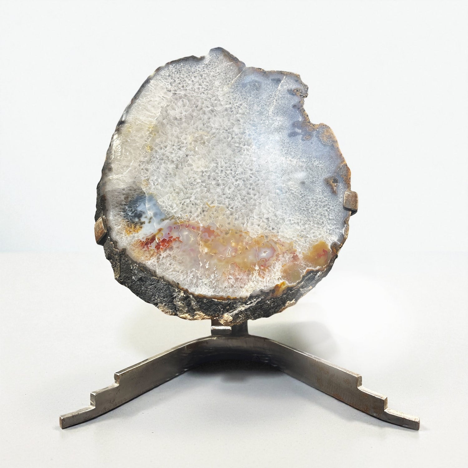 Agate Slice In Custom Stand With Red & Gold & Blue Inclusions At Botttom