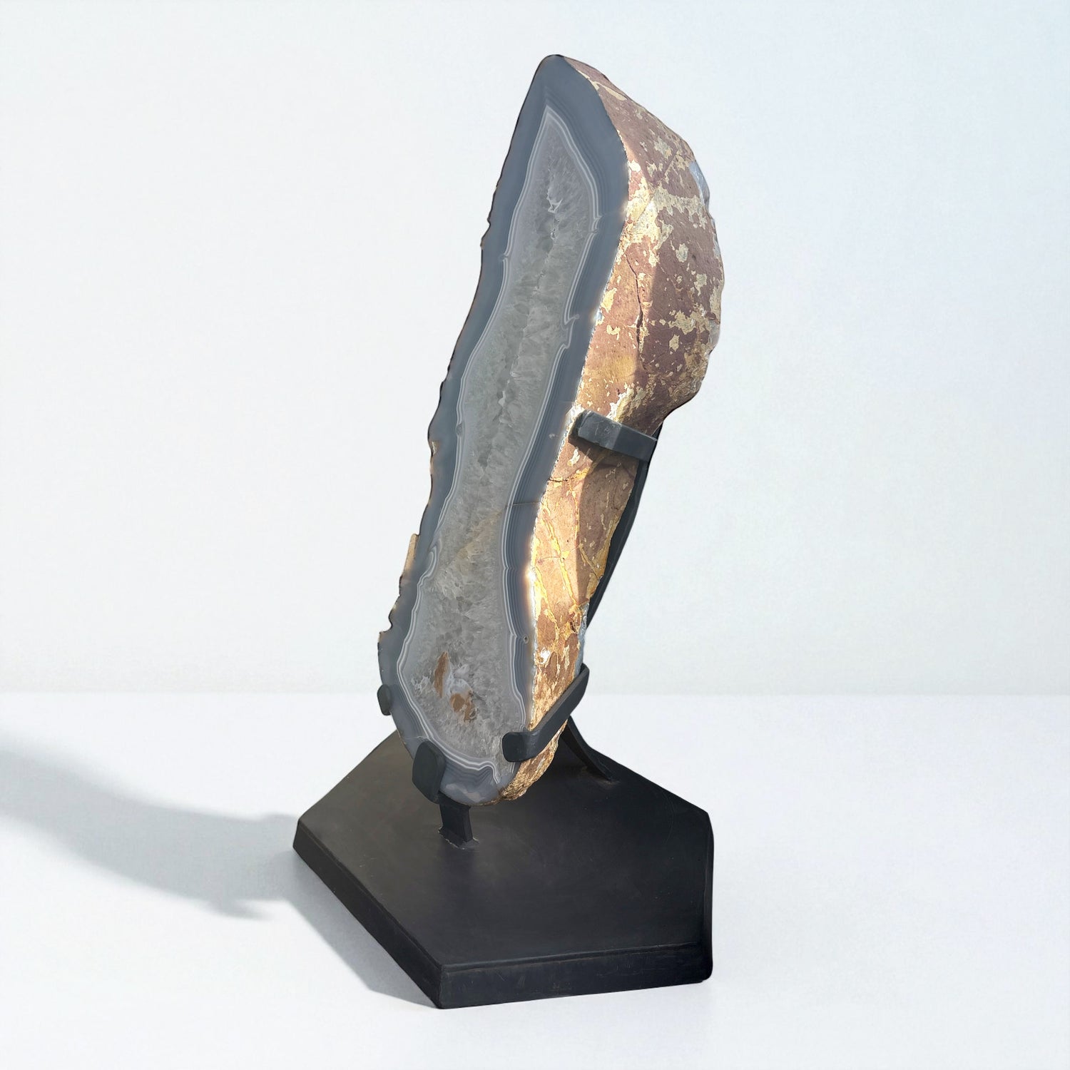 Agate End Cut on Custom Stand - Pastel Muted Blue & Gray Banding with Quartz Crystal Center