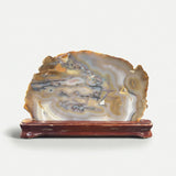 Agate Slice In Wooden Base -Brown With Script-like Patterns & Citrine Druze Pocket