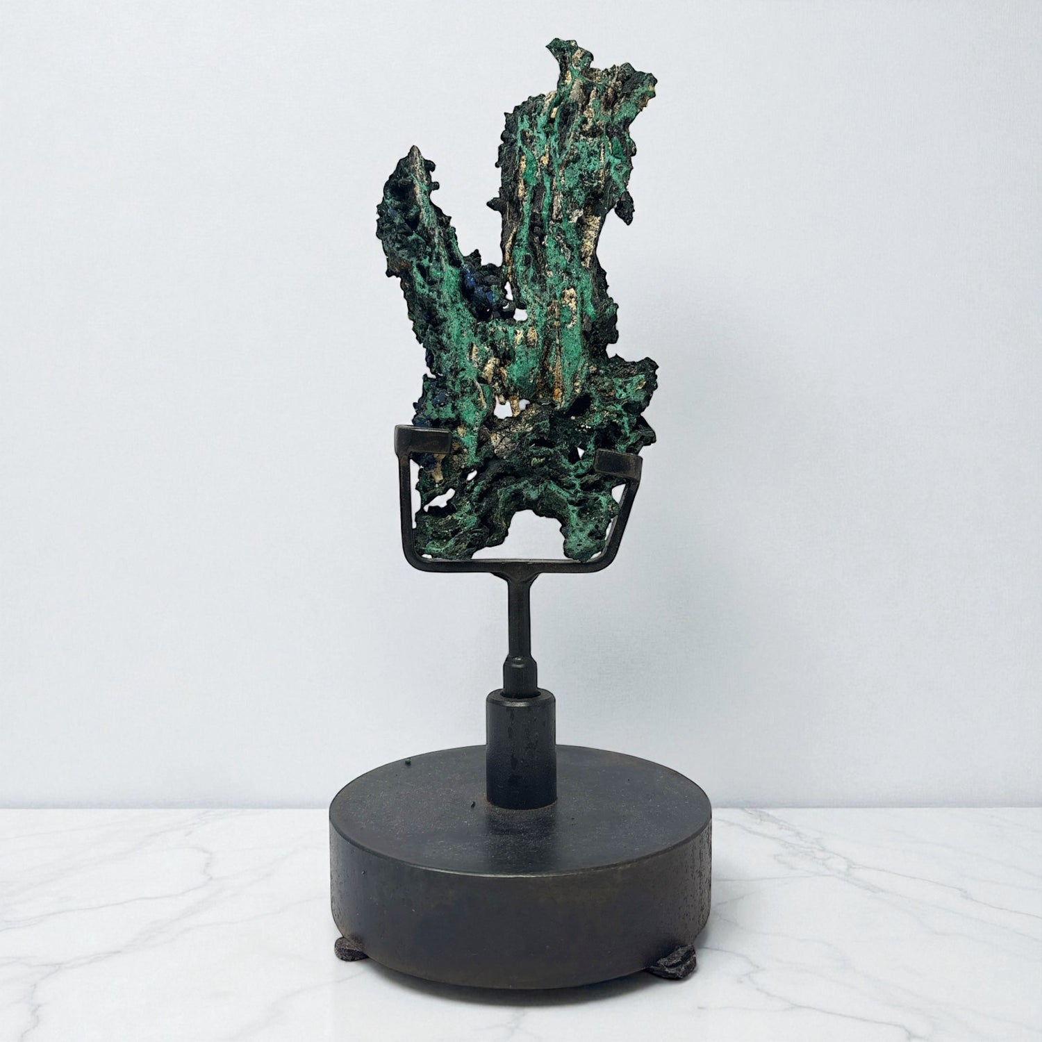 Azurite Malachite Druze Slice On Custom Spinning Stand - Ears Shape with Fiberous Malacite & Azurite Crystals on Side