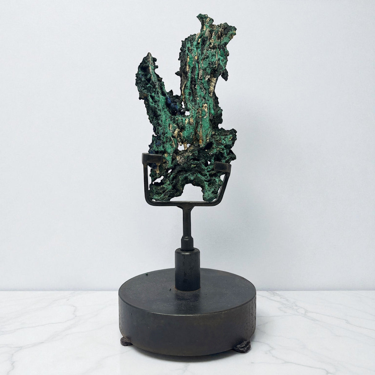 Azurite Malachite Druze Slice On Custom Spinning Stand - Ears Shape with Fiberous Malacite & Azurite Crystals on Side