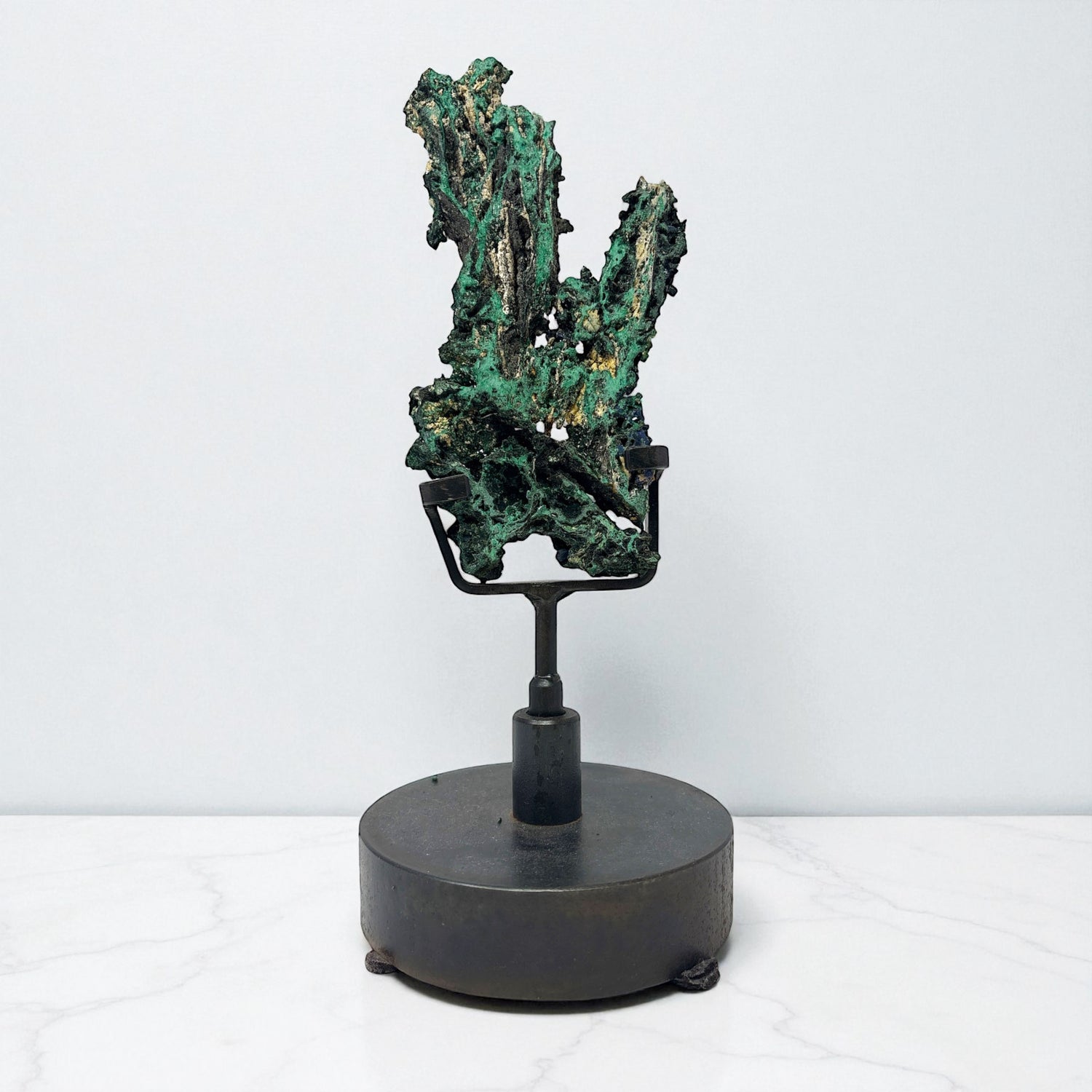 Azurite Malachite Druze Slice On Custom Spinning Stand - Ears Shape with Fiberous Malacite & Azurite Crystals on Side