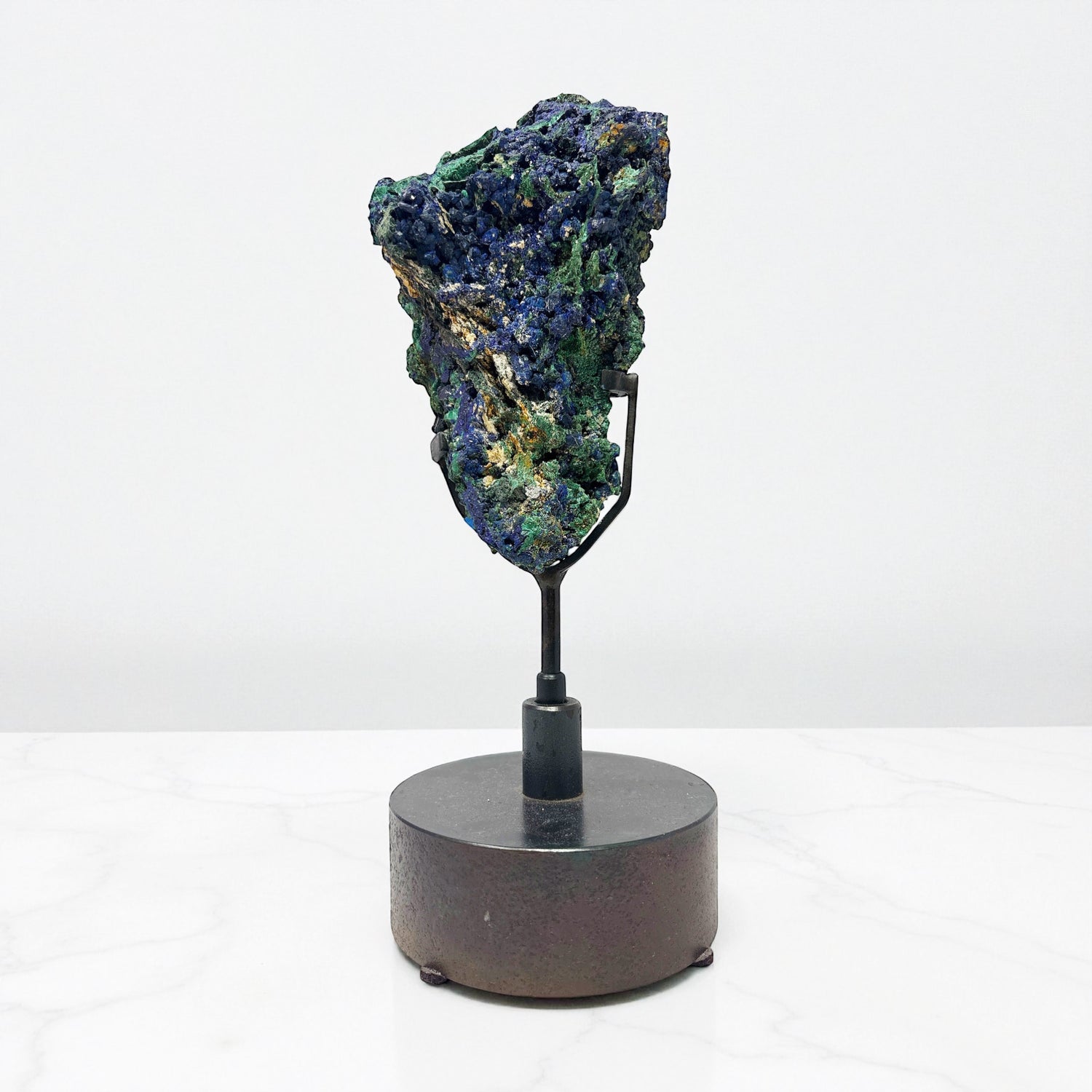 Azurite Malachite Druze Specimen On Custom Spinning Stand - Cut Side with Chunky Blue Crystals & Fiberous Malchite * Pocket on Cut Side with Gemmy Azurite Cluster