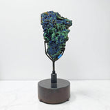 Azurite Malachite Druze Specimen On Custom Spinning Stand - Cut Side with Chunky Blue Crystals & Fiberous Malchite * Pocket on Cut Side with Gemmy Azurite Cluster