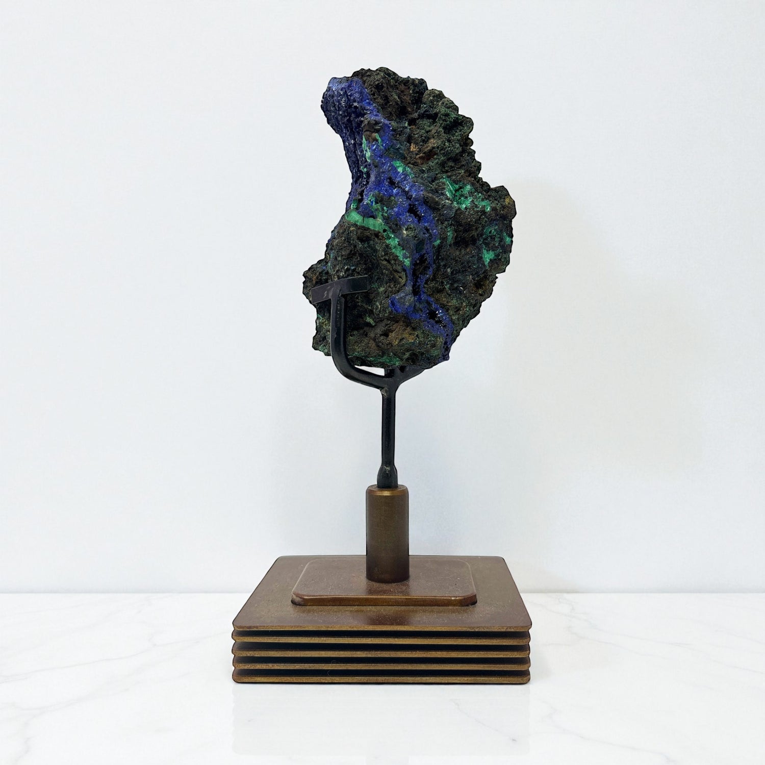 A++ Azurite Malachite Specimen On Custom Rotating Stand - Layered Square Round Design