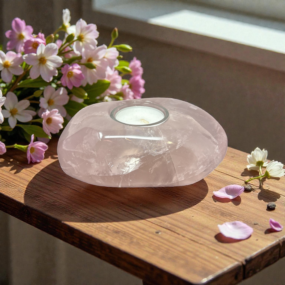 Rose Quartz Freeform Candle Holder - Single Glass Tealight - Small