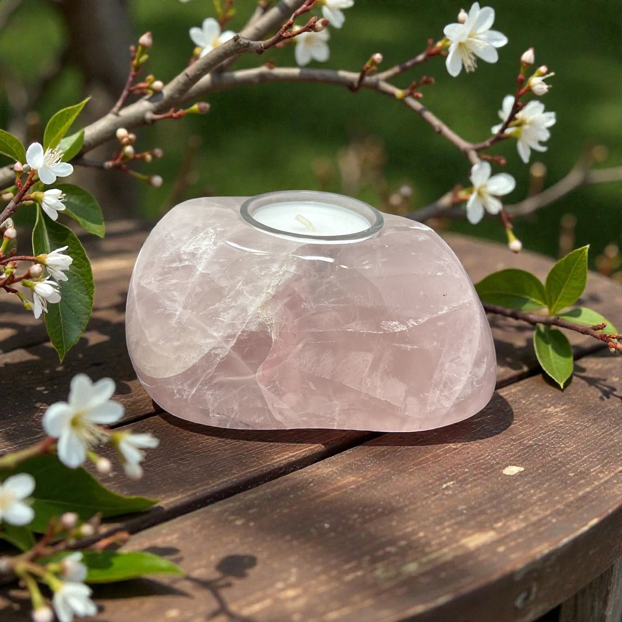 Rose Quartz Freeform Candle Holder - Single Glass Tealight - Small