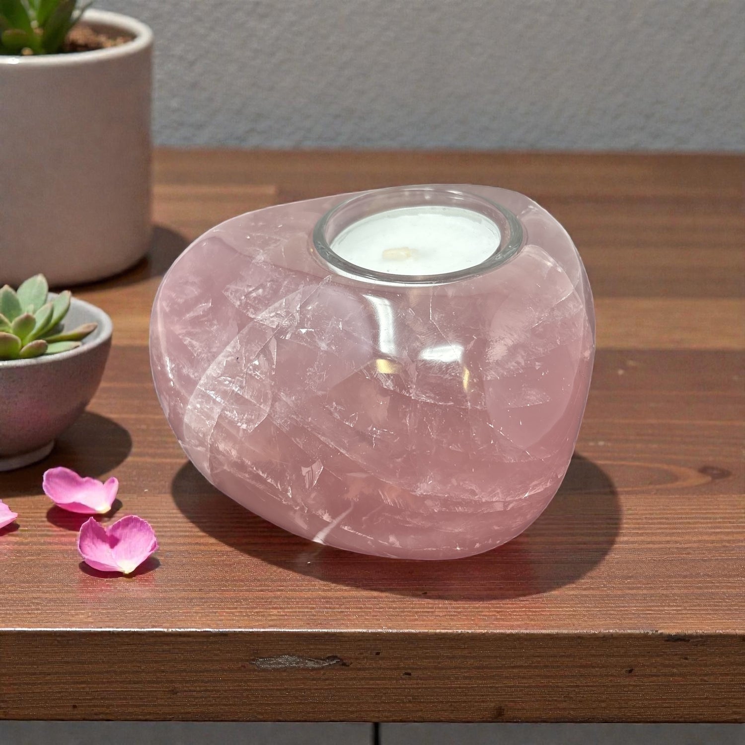 Rose Quartz Freeform Candle Holder - Single Glass Tealight - Small