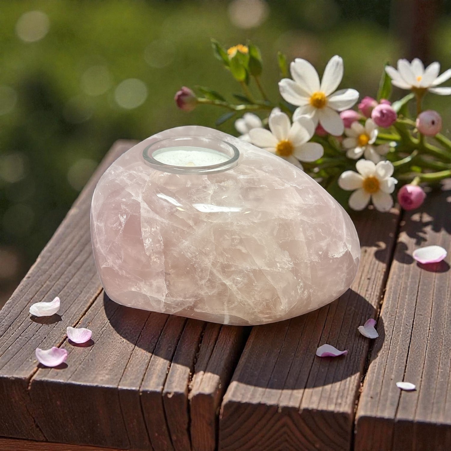 Rose Quartz Freeform Candle Holder - Single Glass Tealight