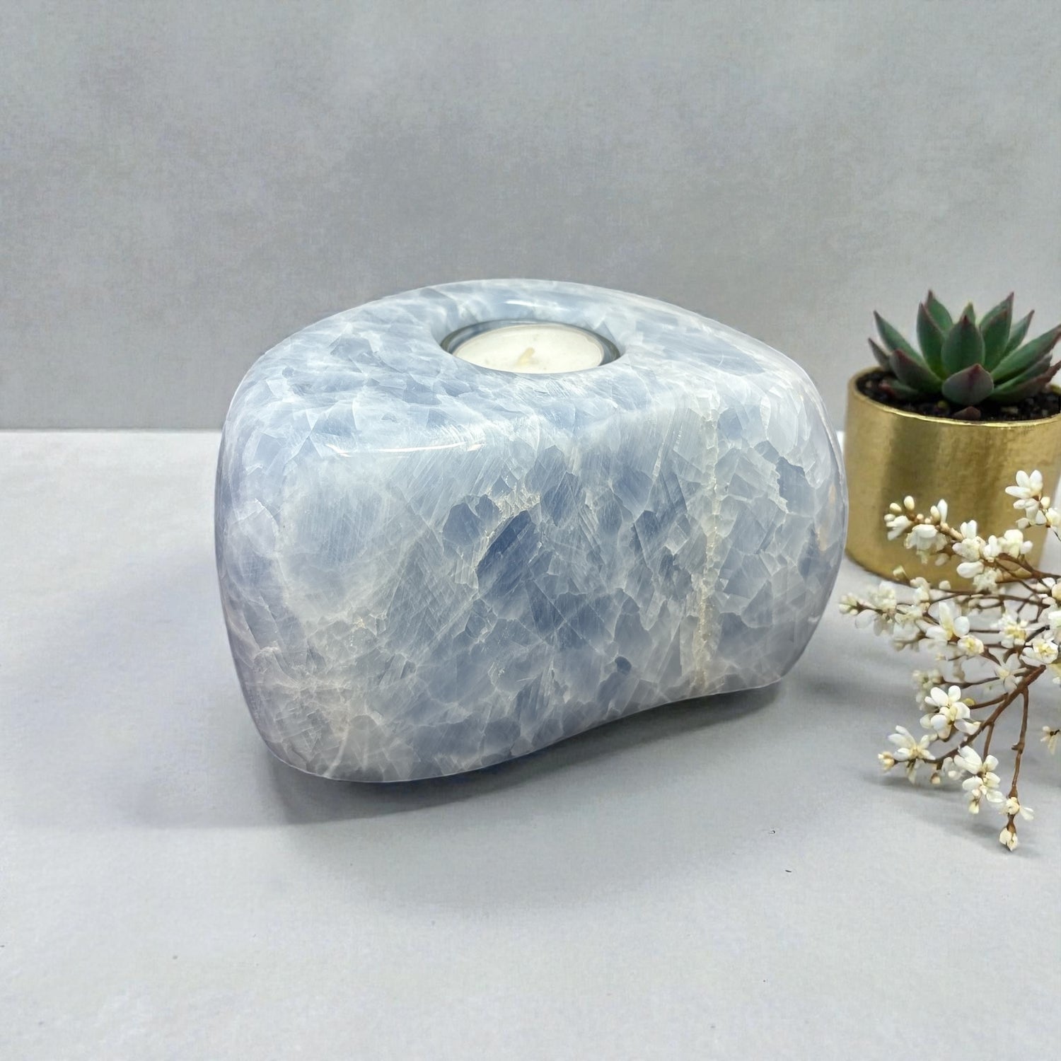 Blue Calcite Freeform Candle Holder - Single Glass Tealight