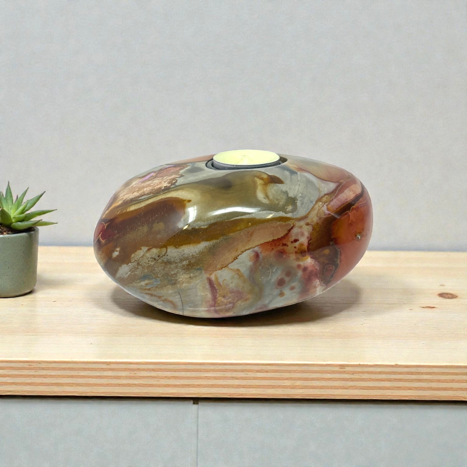 Polychrome Jasper Freeform Candle Holder - Single Glass Tealight - Low