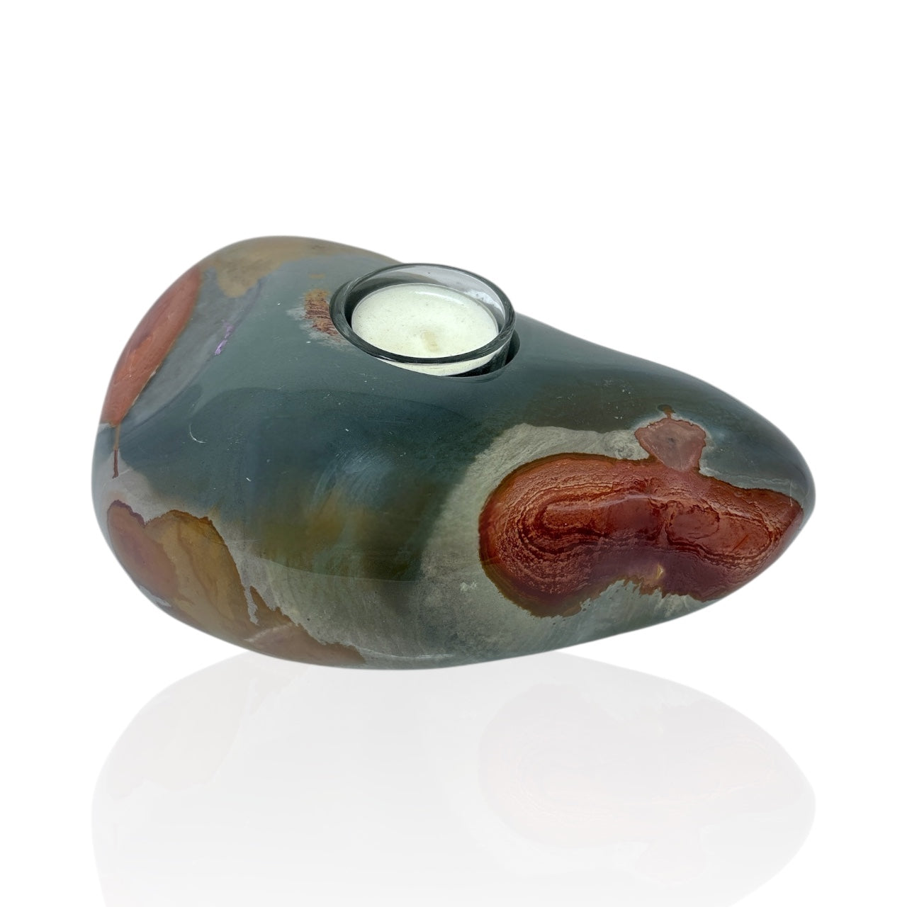 Polychrome Jasper Freeform Candle Holder - Single Glass Tealight - Low