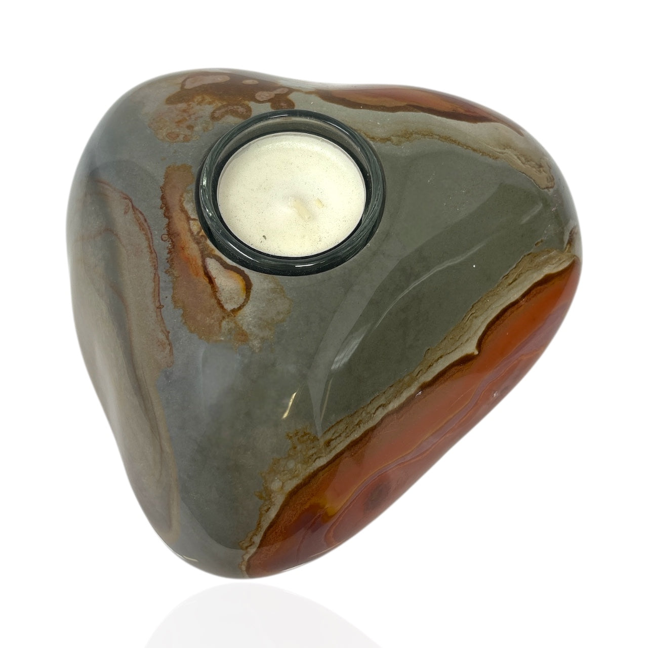 Polychrome Jasper Freeform Candle Holder - Single Glass Tealight - Low