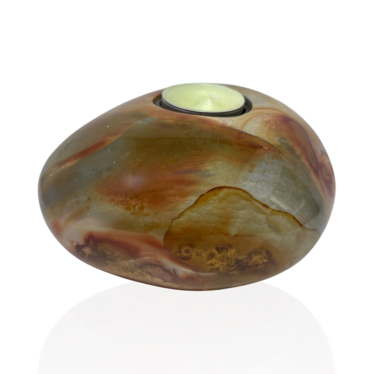 Polychrome Jasper Freeform Candle Holder - Single Glass Tealight - Low